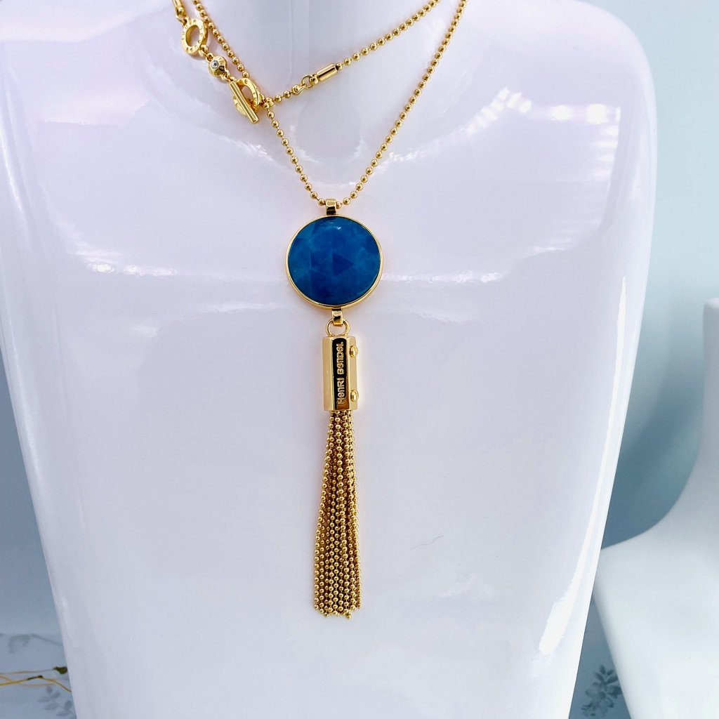 Henri Bendel Gold Tone Genuine Stone Pendant Tassel Necklace 48$